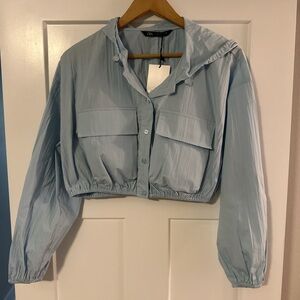 Zara Sky Blue Hooded Cropped Jacket